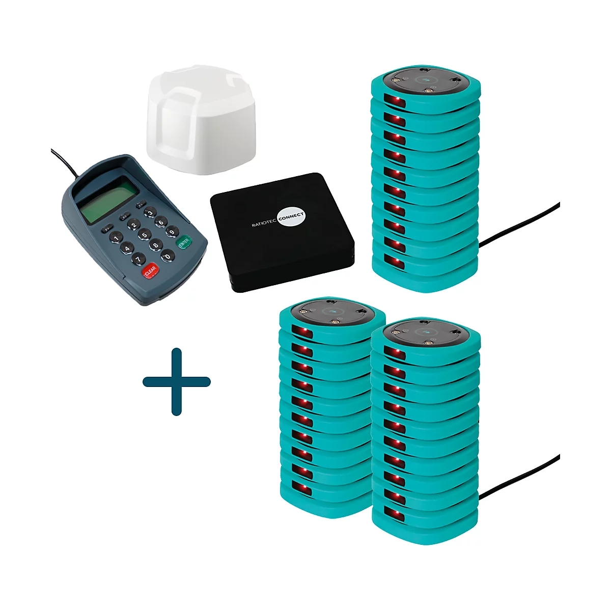 Ein Set aus Pager-Systemen mit Ladestationen, einem schwarzen Hub und einem Zahlungs-Terminal.
