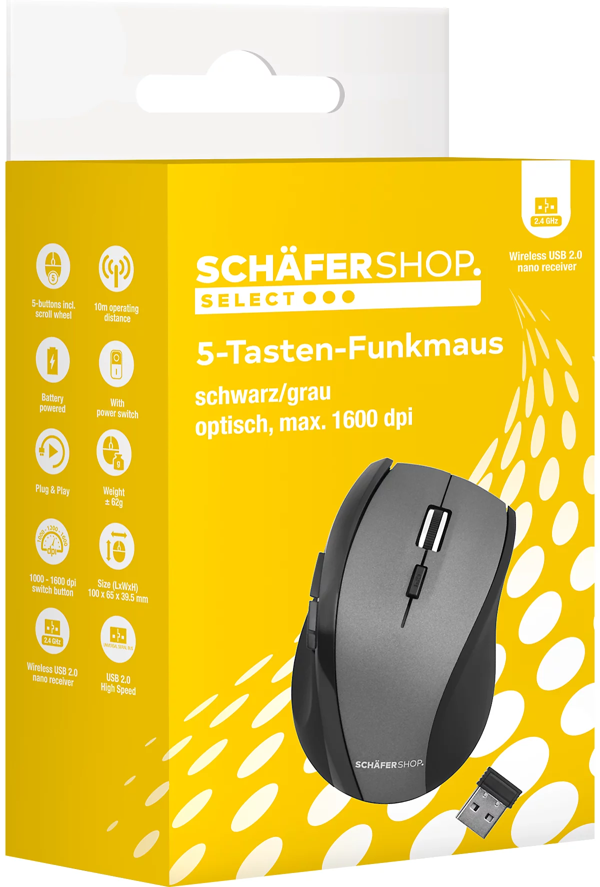Ratón inalámbrico Schäfer Shop Select, 5 botones y rueda de desplazamiento, hasta 1600 dpi, con dongle USB, negro-gris