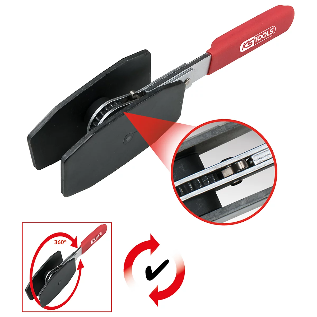 KS TOOLS Bremssattel-Rücksteller, rot/schwarz, Detailansicht, mit kleinem Kreisausschnitt.