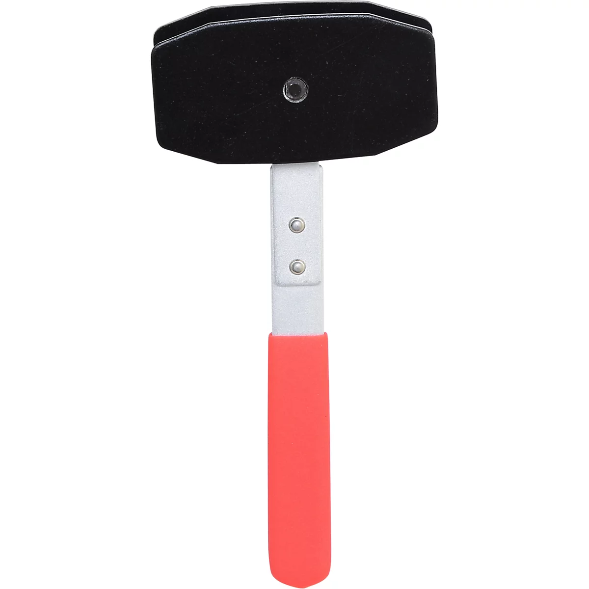 Ein Werkzeug mit schwarzem, rechteckigem Kopf und rotem Griff. Der Stiel ist weiß.