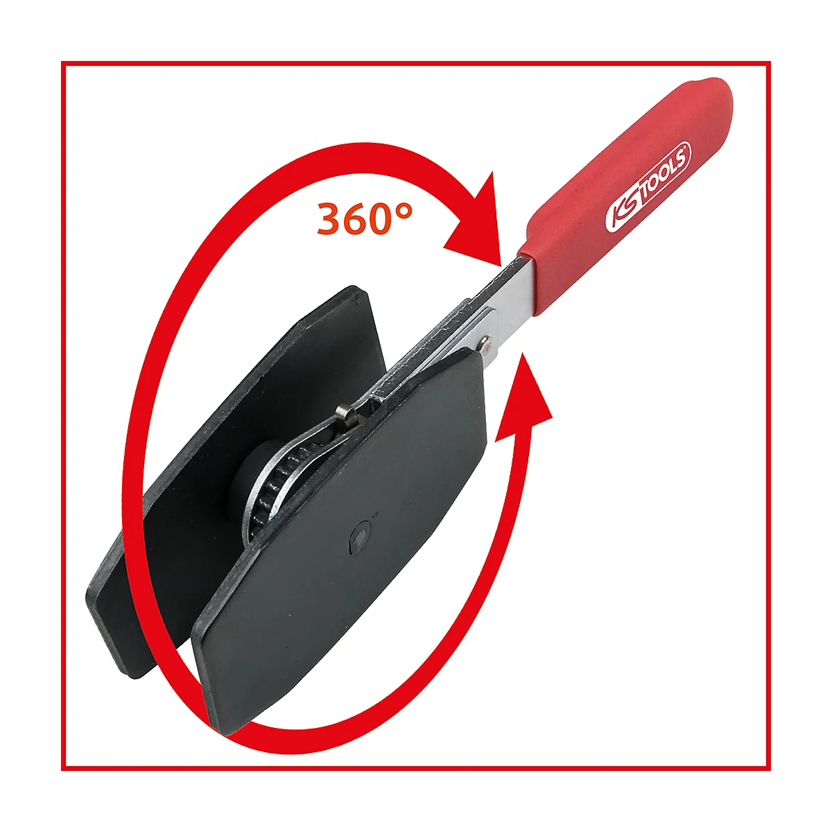 Werkzeug zur Montage von Bremsbelägen, roter Griff mit Logo, schwarze Bremsbacken, 360° Pfeil.