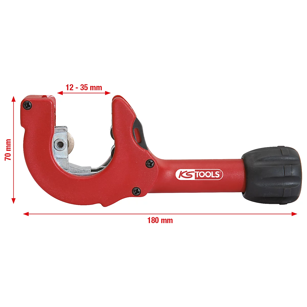 Rotes Rohrschneidwerkzeug mit schwarzen Elementen und den Maßen 180 mm x 70 mm, von KS TOOLS.