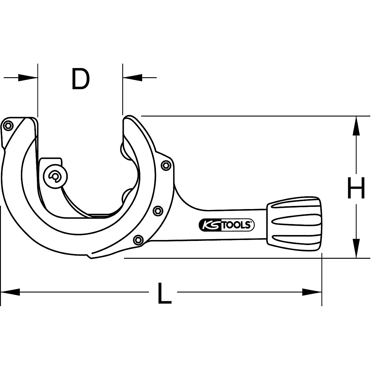 Rohrschneider mit Maßen D, H und L. Auf dem Griff steht "KS TOOLS".