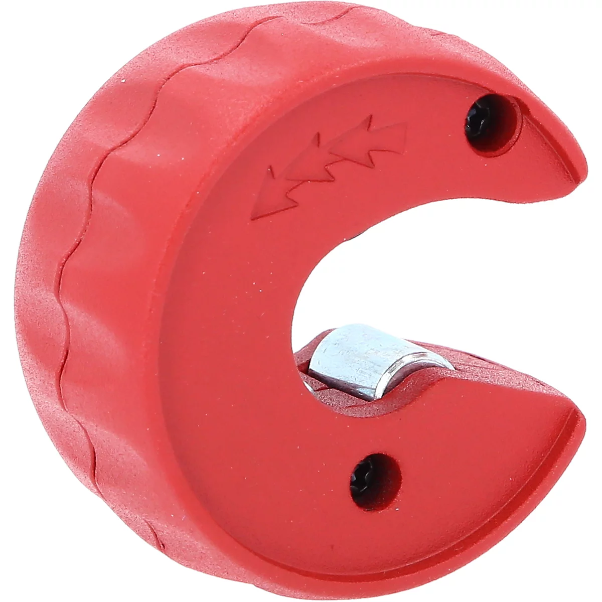 Roter Rohrschneider in Sichelform. Darauf sind Pfeile und Schrauben zu sehen.