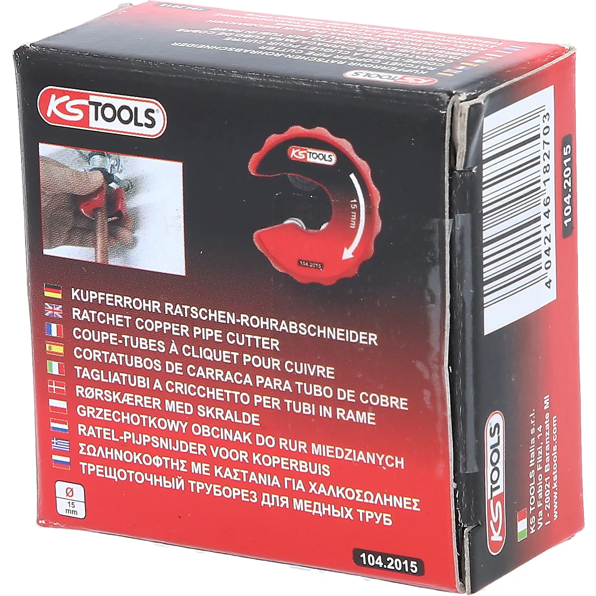 Draufsicht auf eine Produktverpackung. Auf der Verpackung stehen in verschiedenen Sprachen Produktbezeichnungen wie „Kupferrohr-Rohrabschneider“ und das Logo von KS Tools.