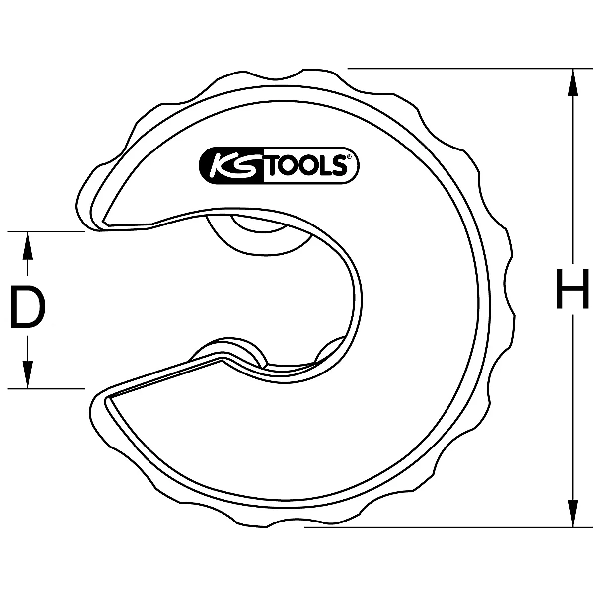 Kreisförmiges Werkzeug mit gezacktem Rand und "KS TOOLS" Logo. D und H werden als Größen angegeben.