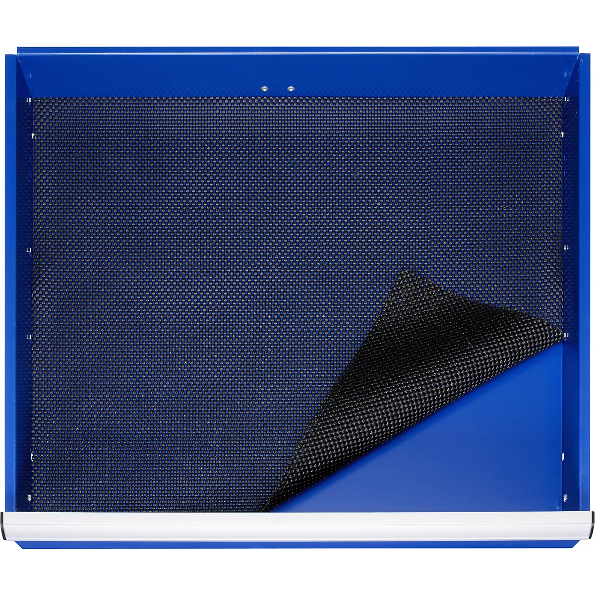 Blauw frame met zwarte geblokte inzet. Deel is opgetild.