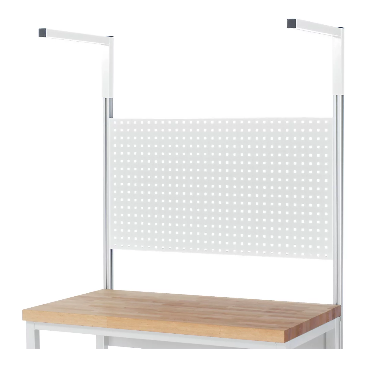 Werkbank mit Lochwand. Holzplatte mit weißem Metallrahmen und perforierter Platte für Werkzeug.