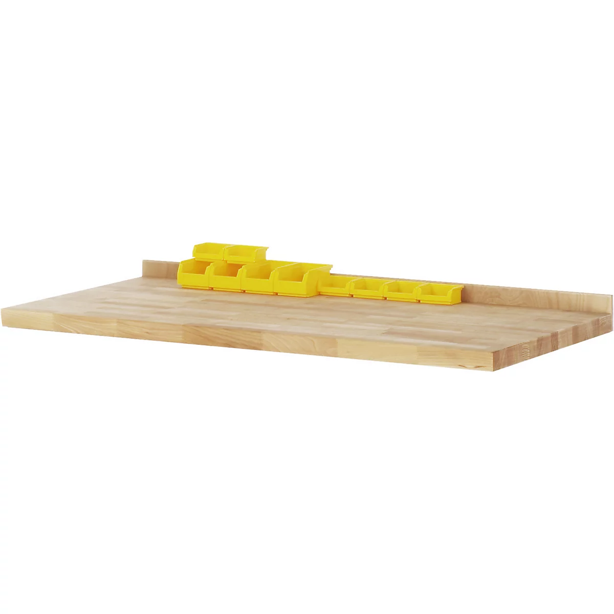 Hellbraune Holzplatte mit gelben Aufbewahrungsboxen.
