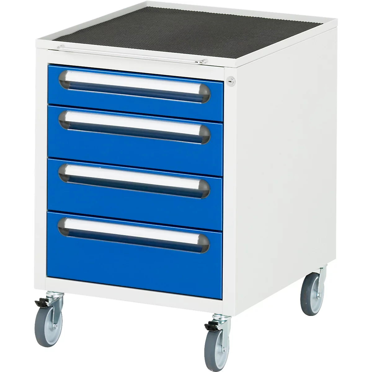 Rau Caisson à roulettes pour bureaux réglables en hauteur Jerry, Tom, série E, 4 tiroirs, L 480 x P 600 x H 690 mm, gris clair/bleu gentiane