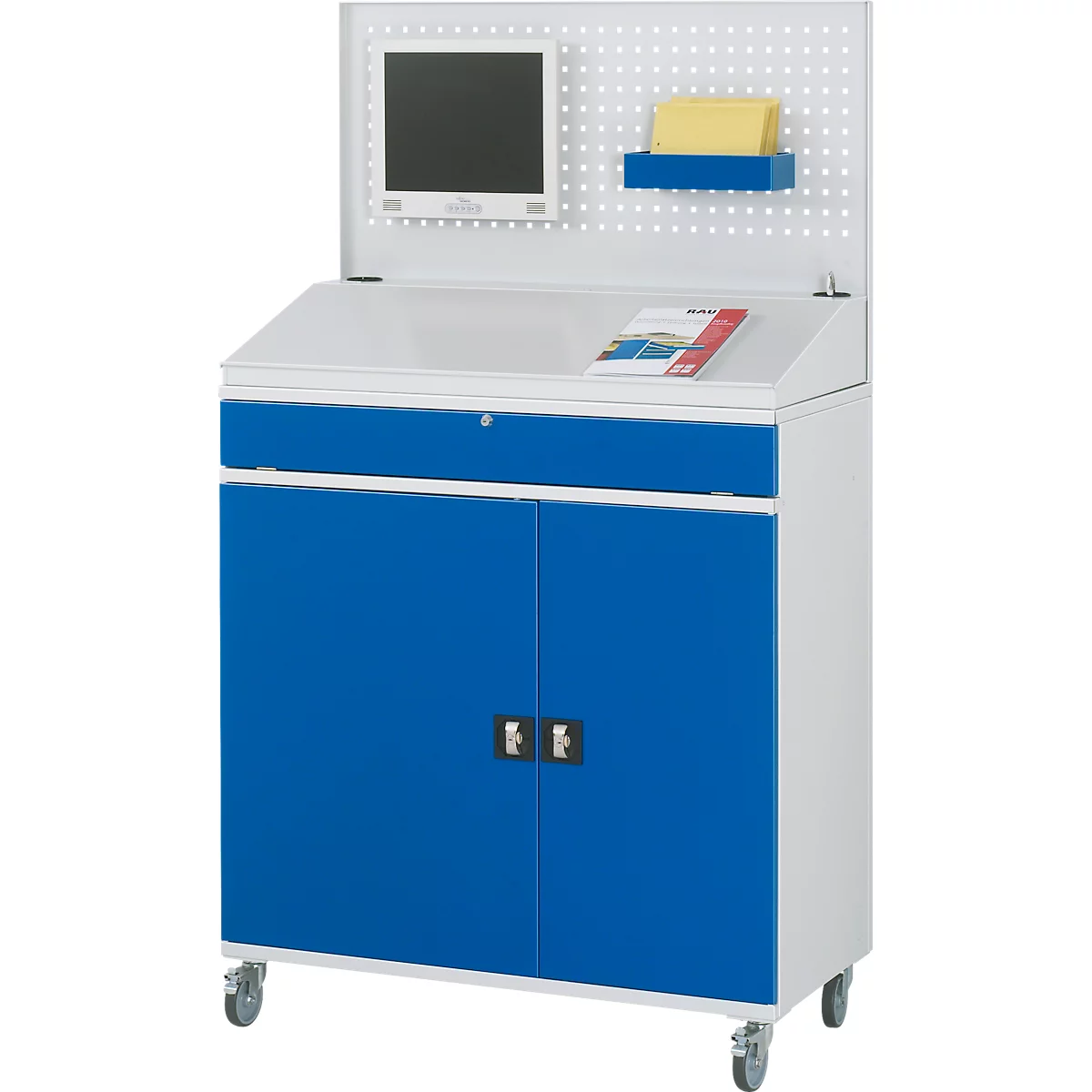 Blauwitte presentatiekast op wielen, met een monitor en plank met een brochure erop.