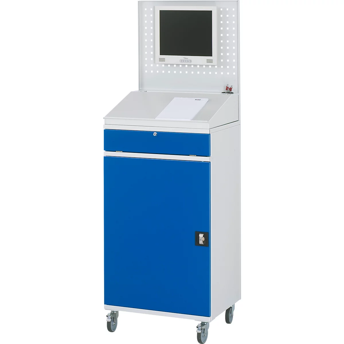 Blau-weißer, rollbarer Arbeitsplatz mit Monitor, Schublade und Schranktür.