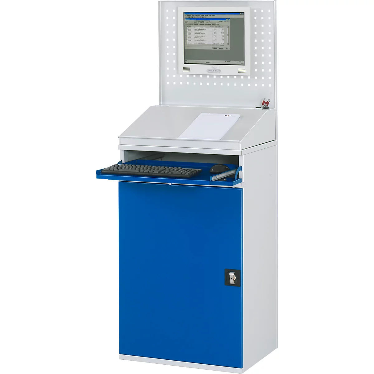 Ein grauer Industriearbeitsplatz mit PC-Bildschirm, Tastatur, blauem Schrank und weißen Elementen.