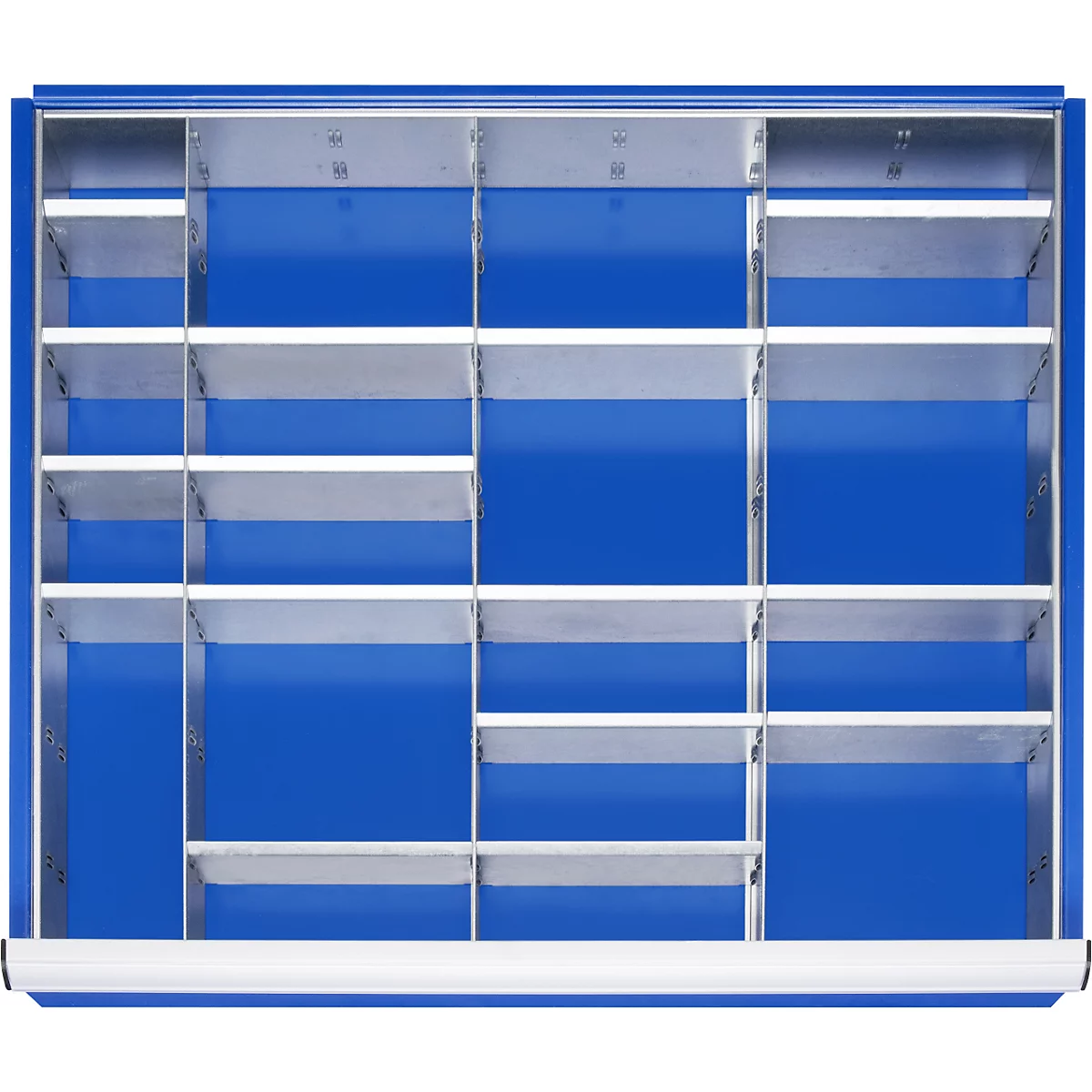 Blauer Schrank mit vielen Fächern und Regalen, in einer Draufsicht.