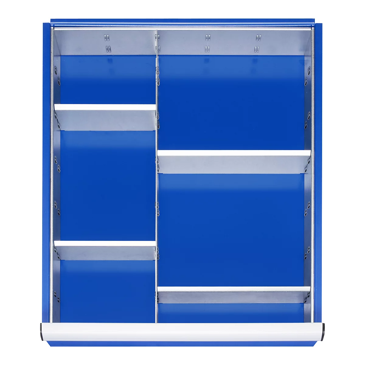 Blauer Schrank mit silbernen Einlegeböden. Vier Fächer, offene Türen. Metallrahmen. Innenaufteilung.