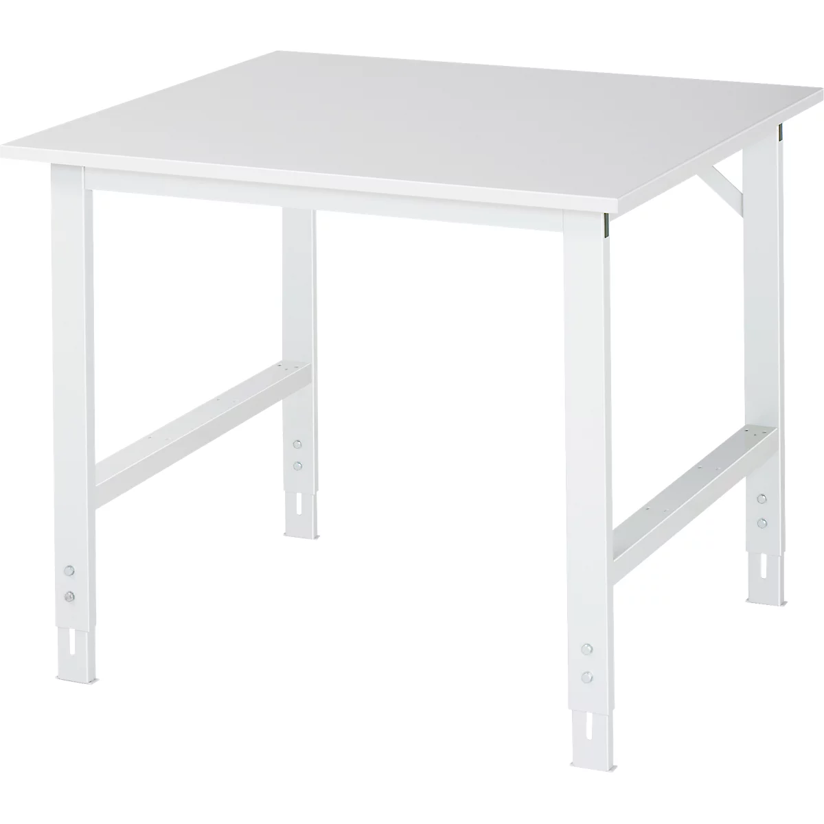 White square table with metal legs, against white background. Detailed shot of corner joints.