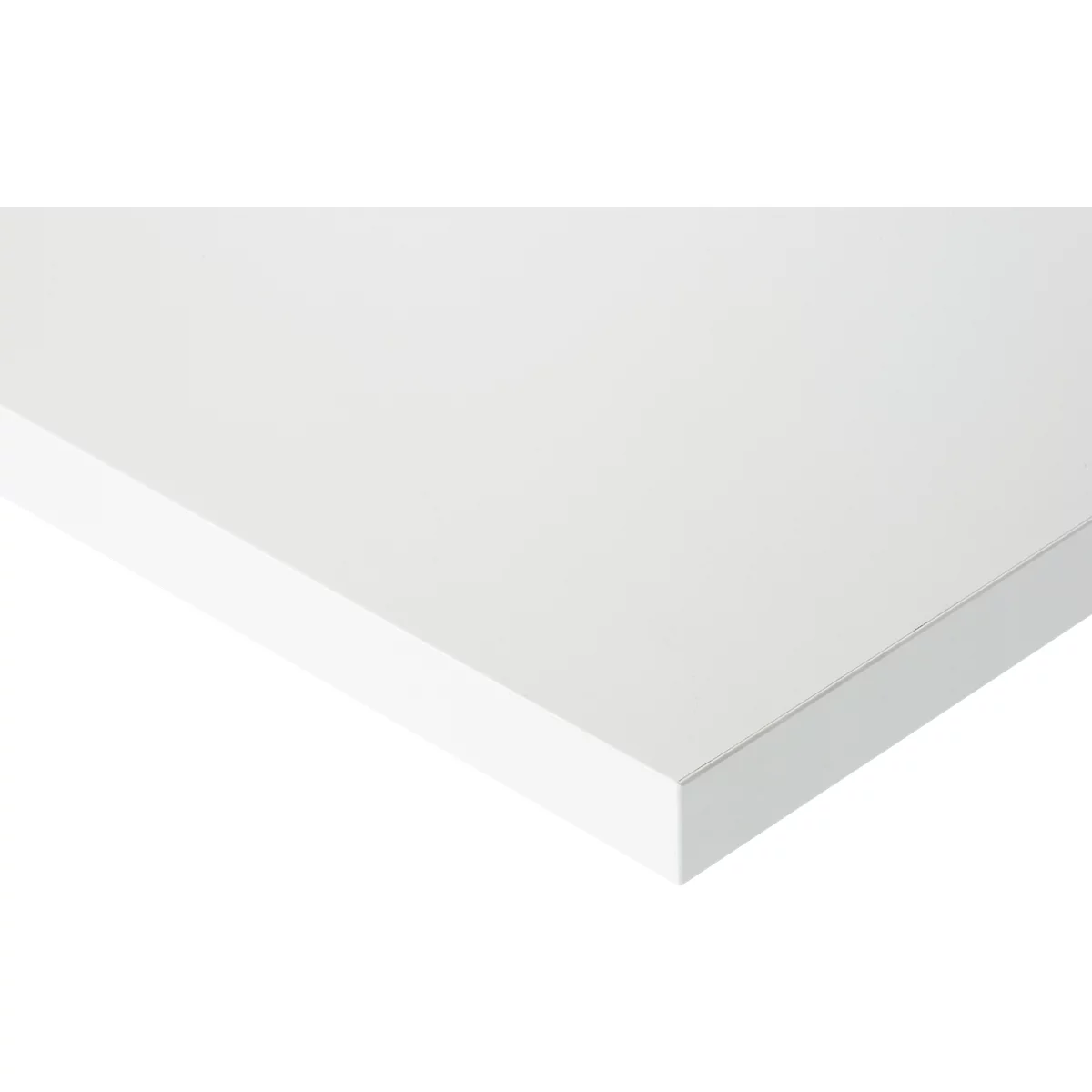Close-up of a white table top with edge. The surface is smooth and flat.