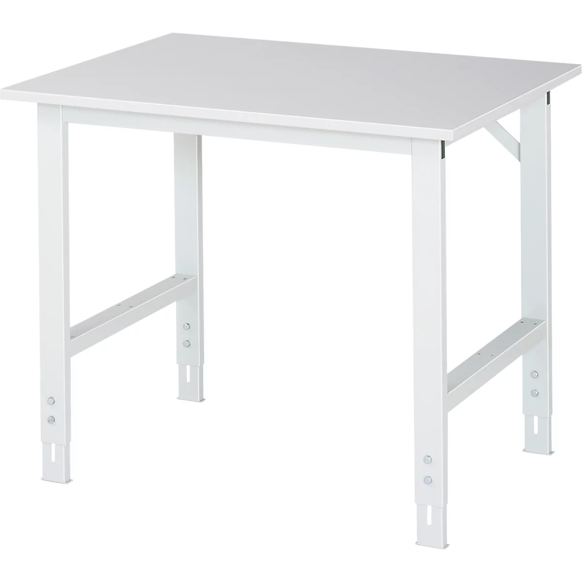 White table with rectangular top and metal legs. The legs are height-adjustable with screws.