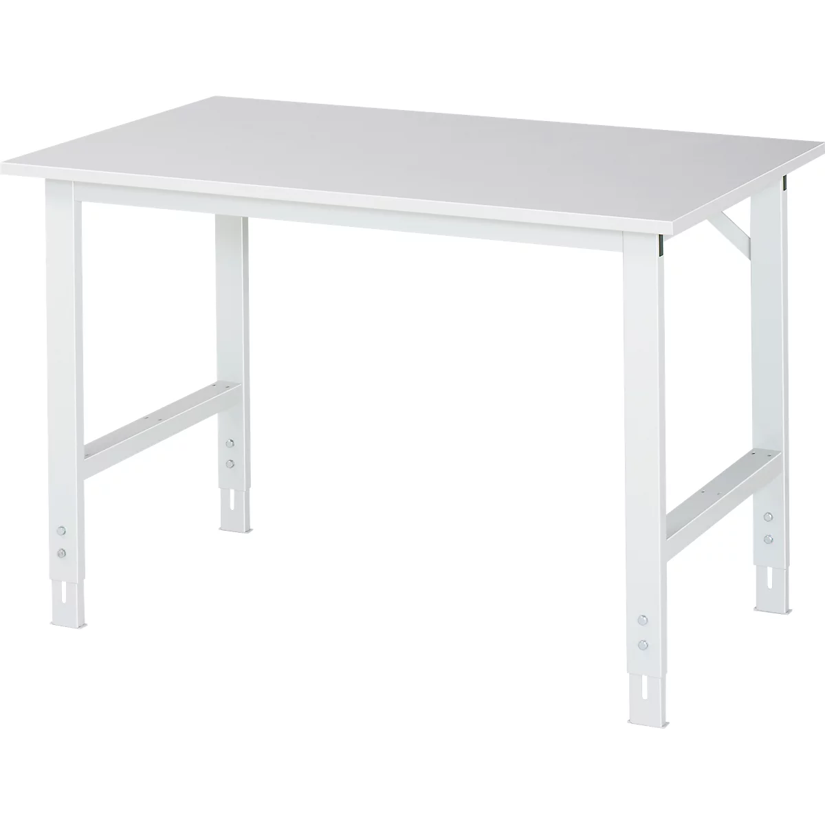 White table with a rectangular top and metal legs. The frame is reinforced by crossbars.