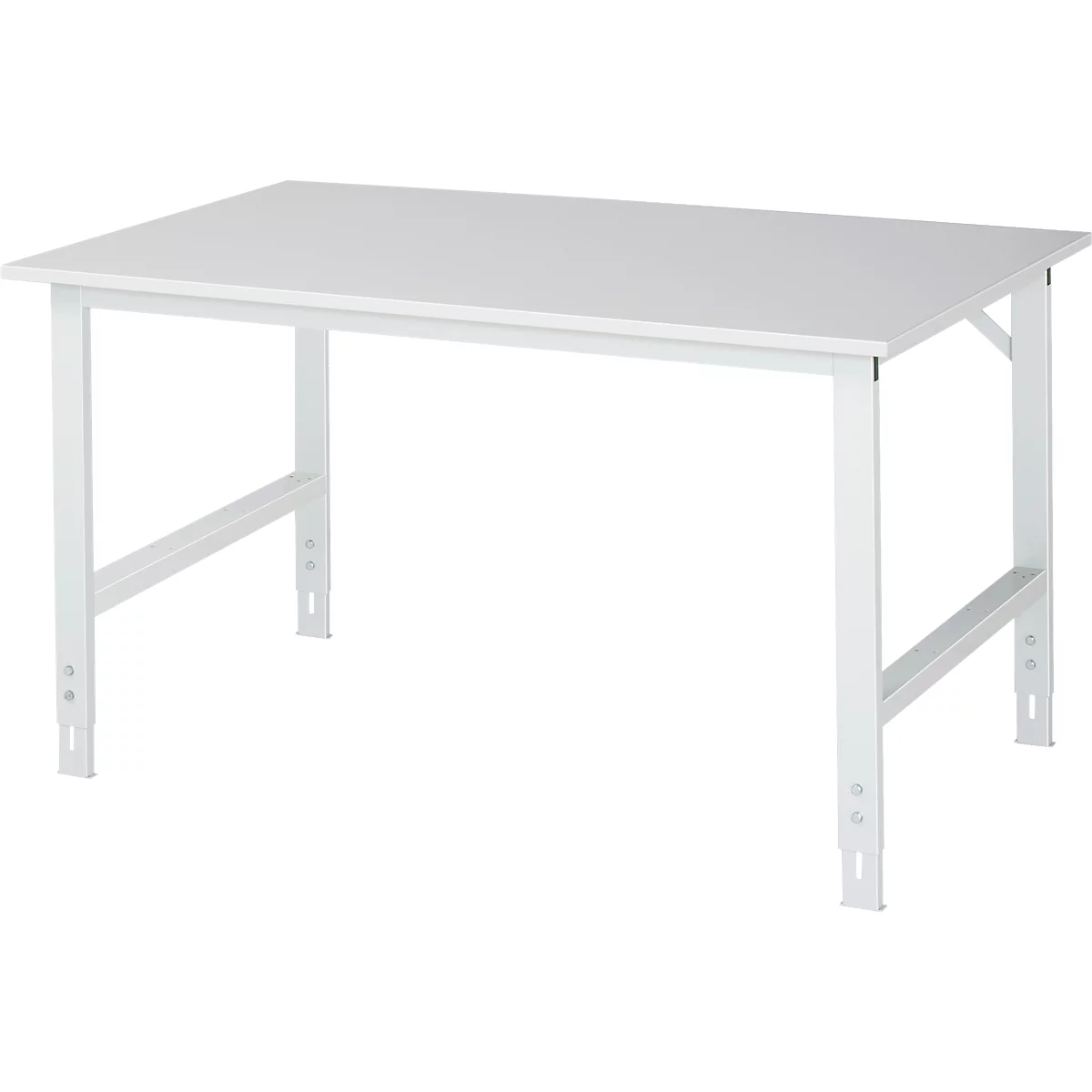 White work table against a white background. The tabletop is rectangular, the legs are made of metal and have a diagonal strut.
