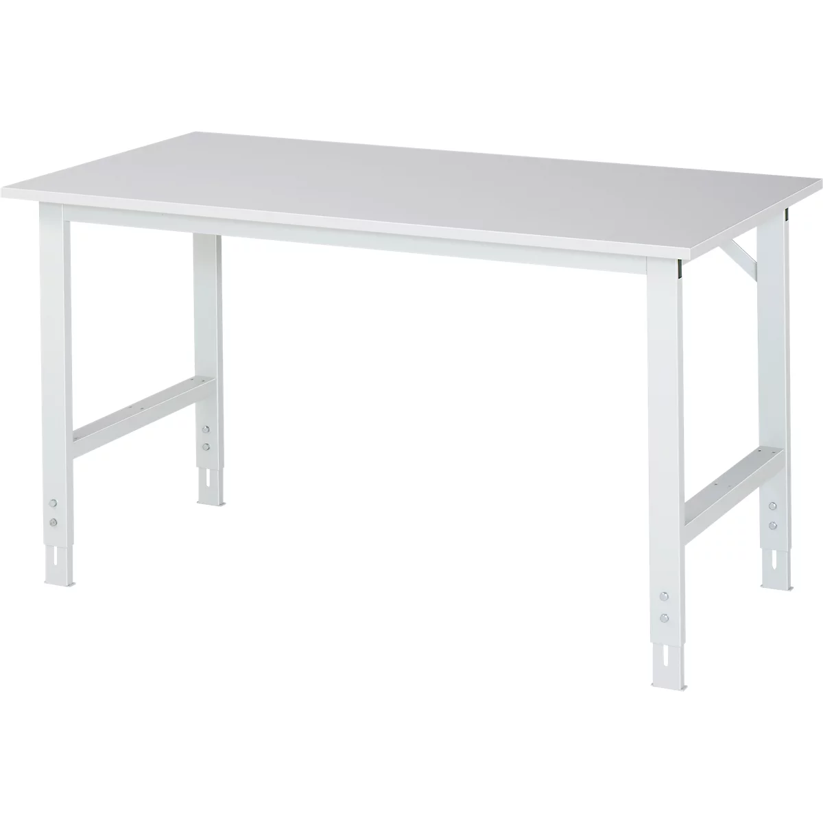 A white, rectangular work table with a white frame, without content.
