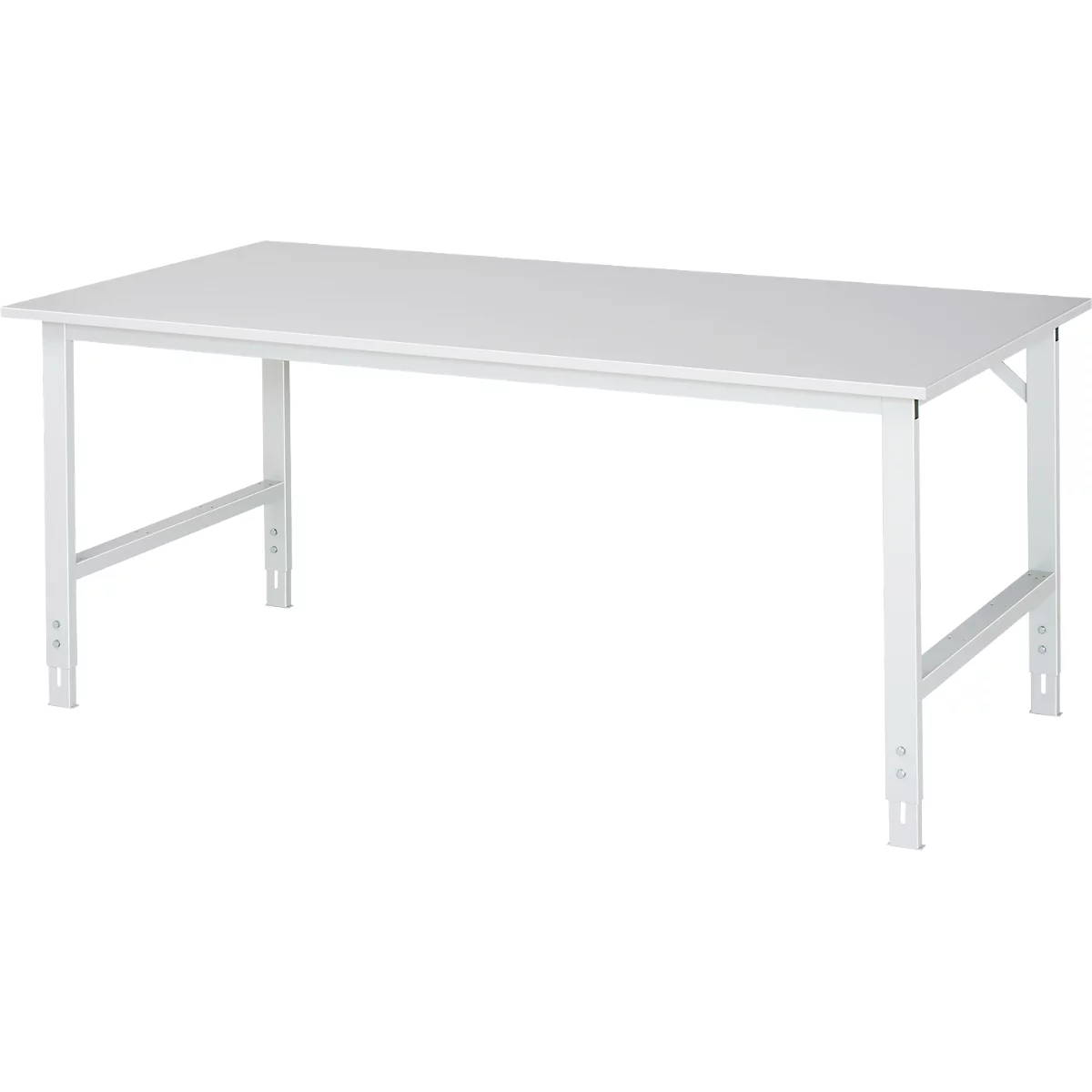 White rectangular table with metal legs. The tabletop is smooth, the legs form angles.
