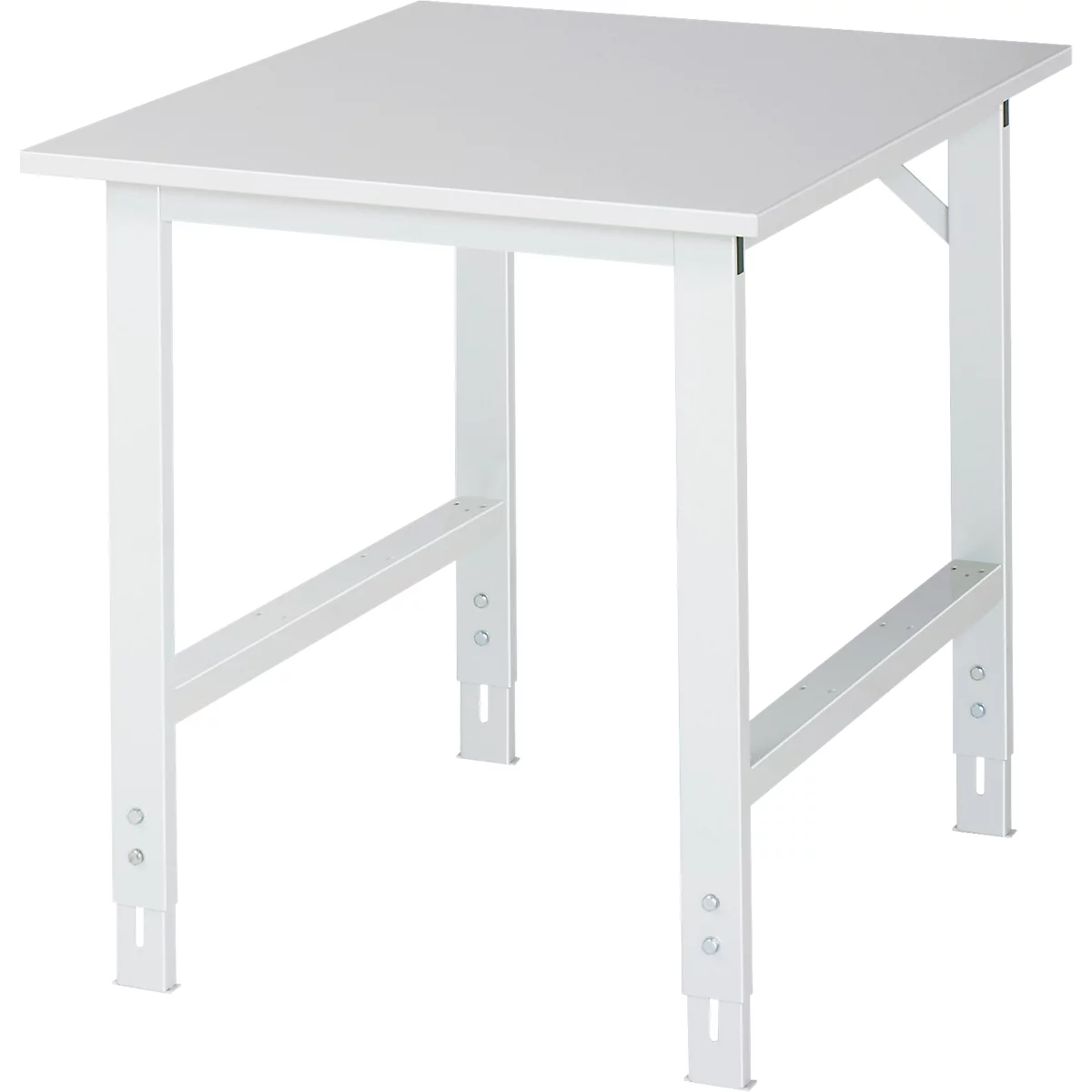 A white table, square table top, four-legged table, which is provided with struts at the corners and legs.
