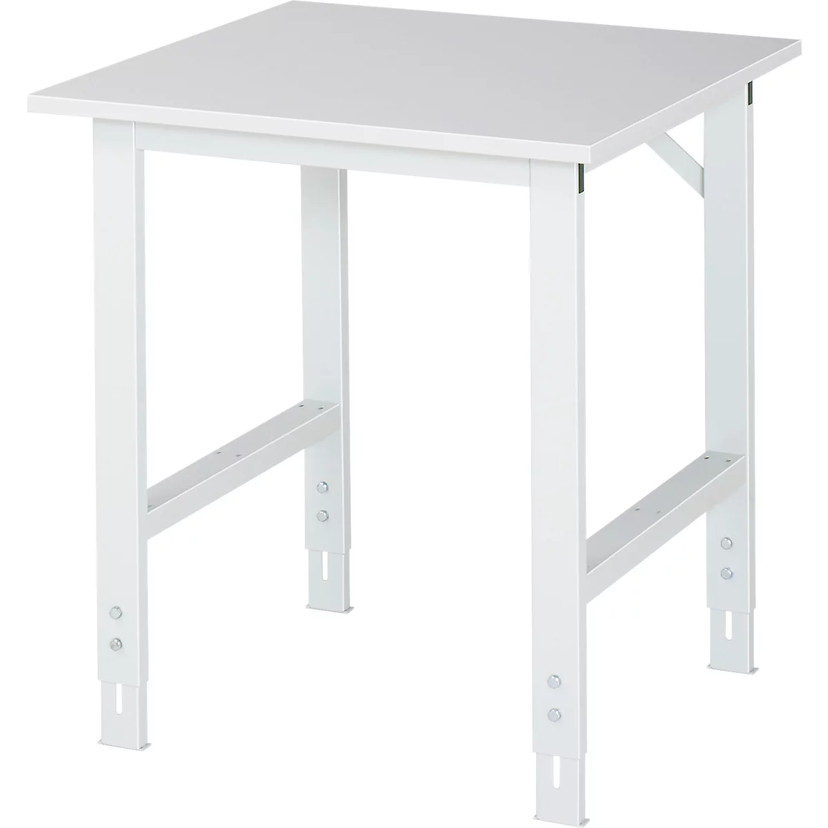 White table, square tabletop on four legs, with diagonal braces and height adjustable.