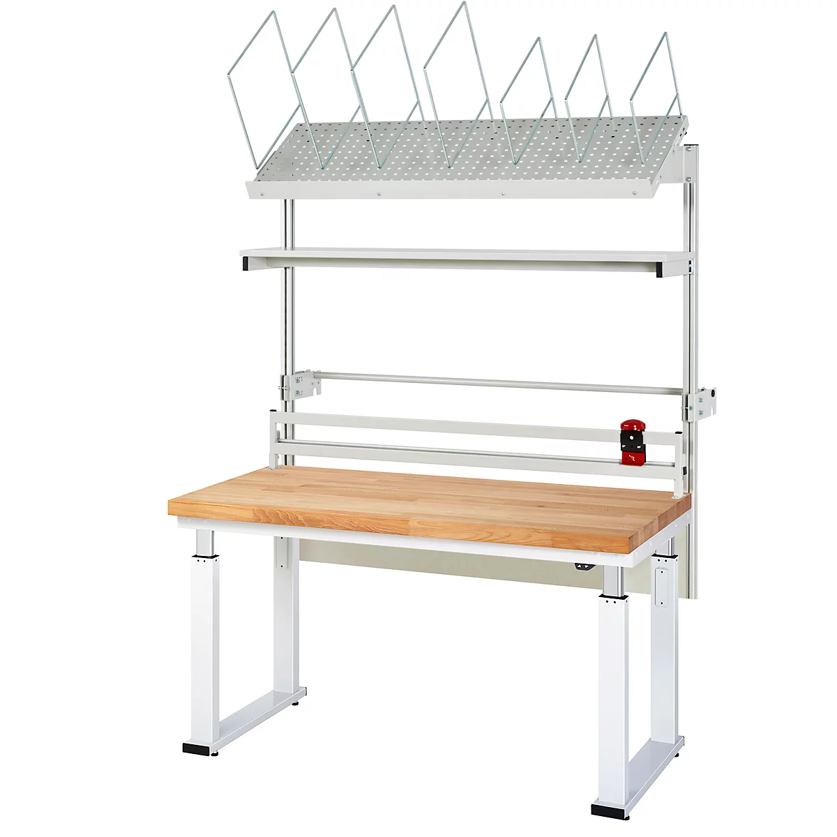 Werkbank met houten blad, wit frame en houders voor papieren rollen en gereedschap.