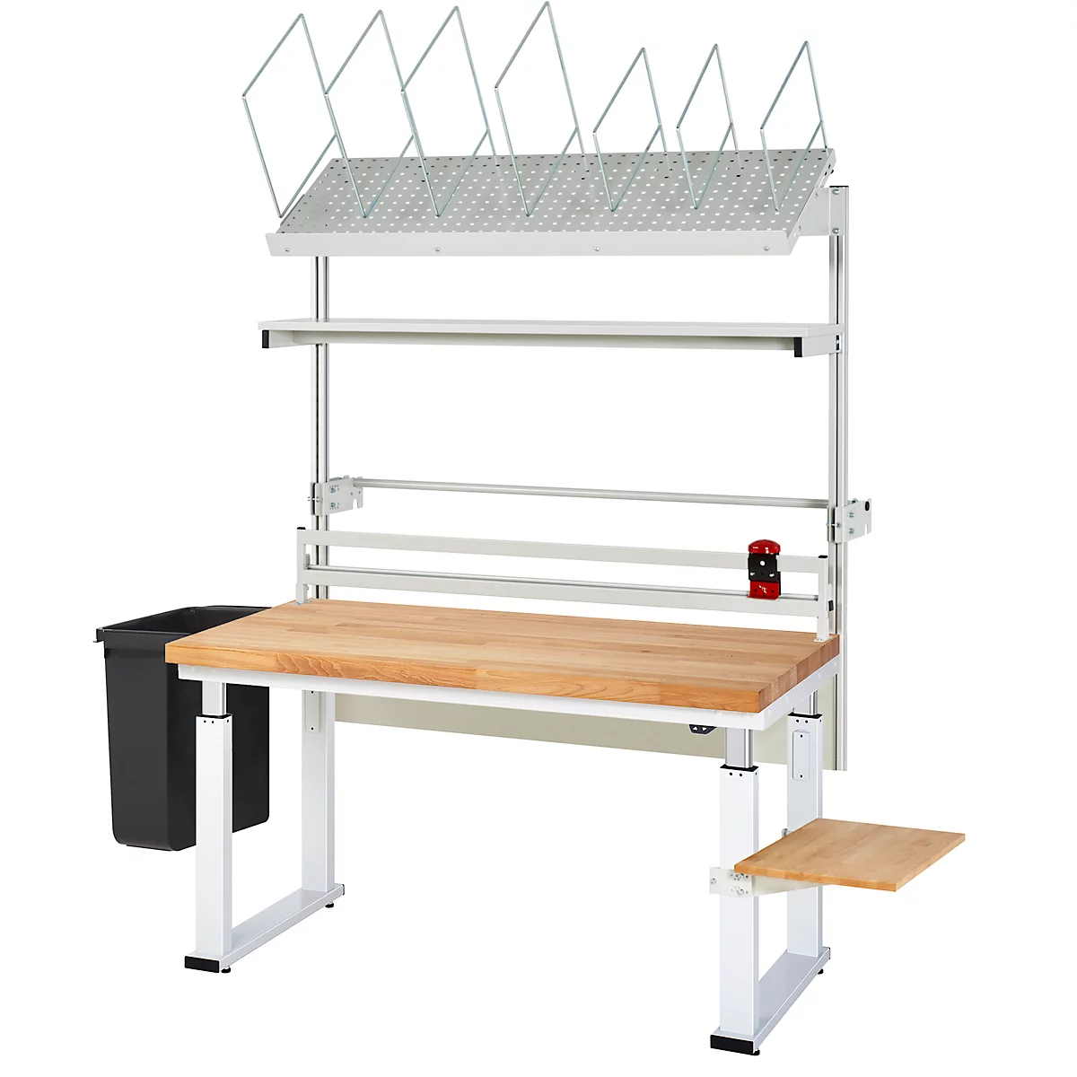 Witte werkplaats werkbank met houten blad en accessoires, zoals papierhouders, afvalbak, etc.