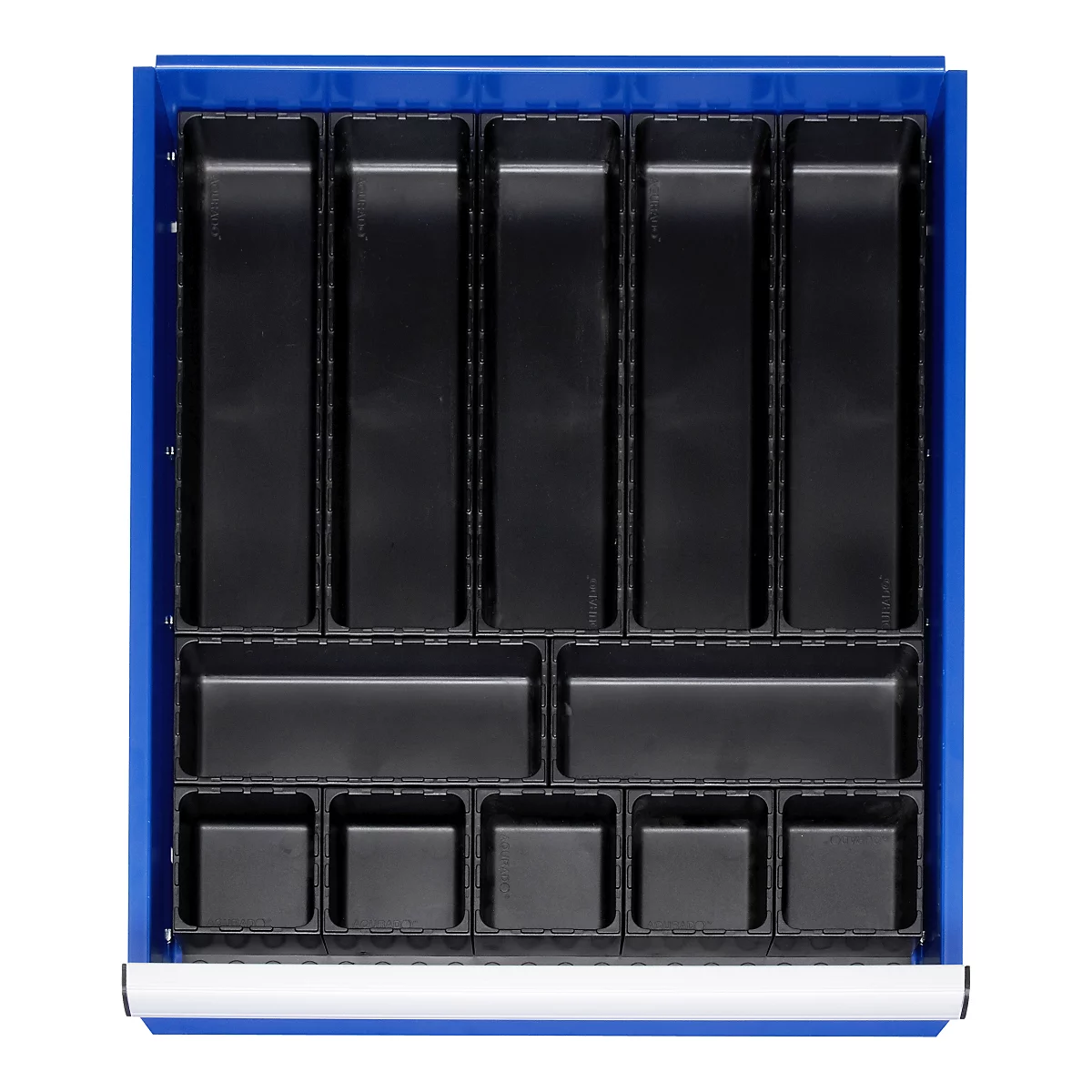 Tiroir bleu avec inserts en plastique noir pour outils. L'intérieur est divisé en compartiments.