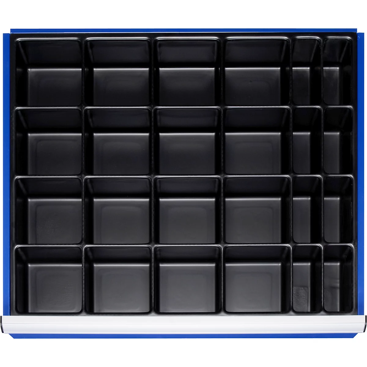 Tiroirs noirs de forme cubique disposés dans un cadre bleu.