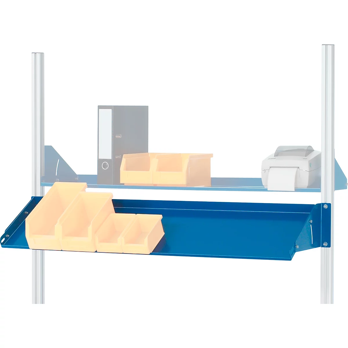 Blauw metalen rek met gele bakken; kantoorbenodigdheden op een tweede niveau.