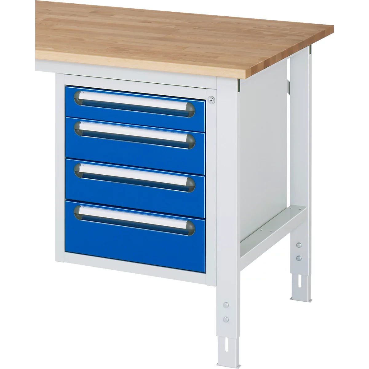 Rau onderstelcontainer voor in hoogte verstelbare werktafels Jerry, Tom, Serie E, Adlatus, 4 laden, B 480 x D 600 x H 545 mm, lichtgrijs/enzianblauw