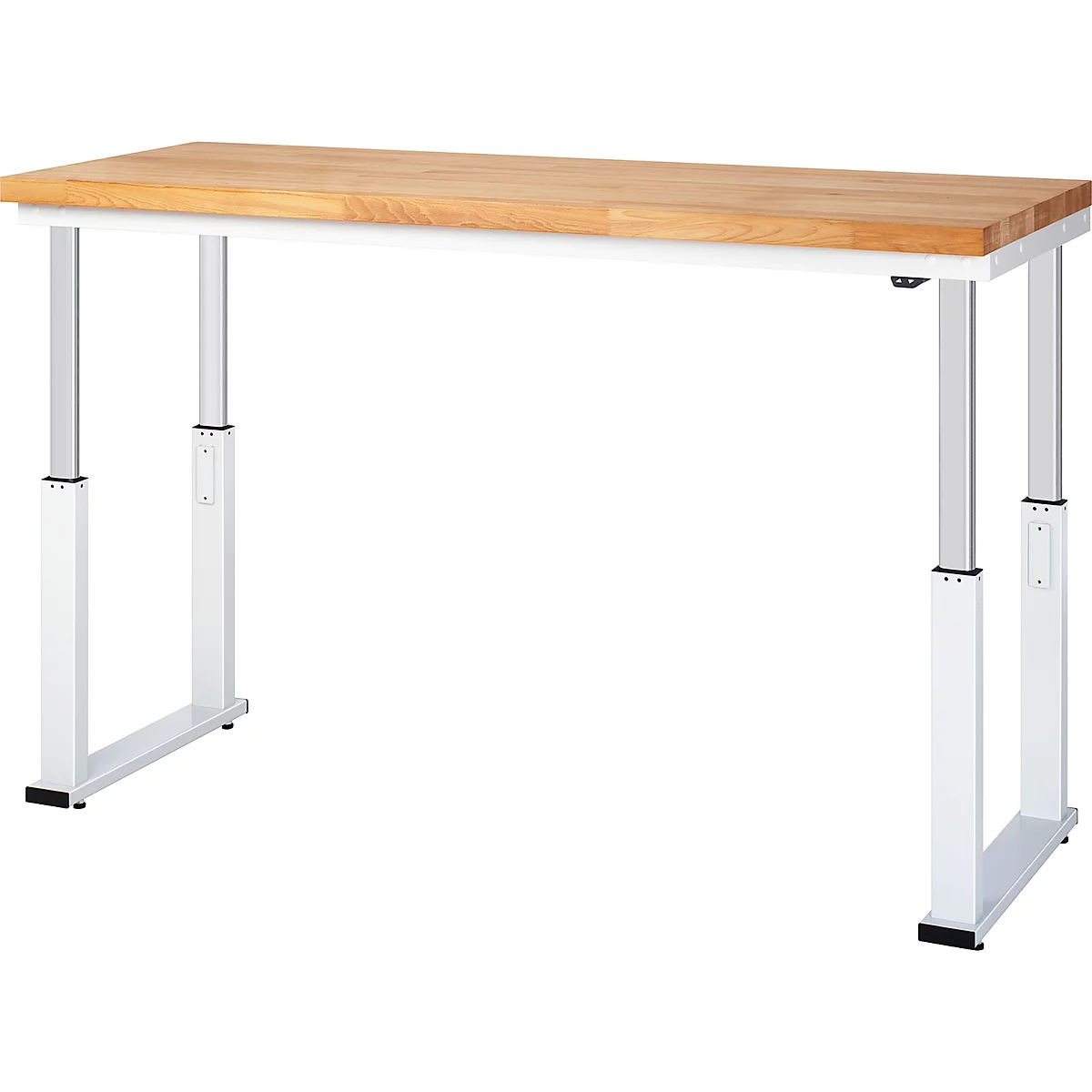 Ein weißes, höhenverstellbares Tischgestell mit einer hellen Holzplatte. Das Design ist minimalistisch.