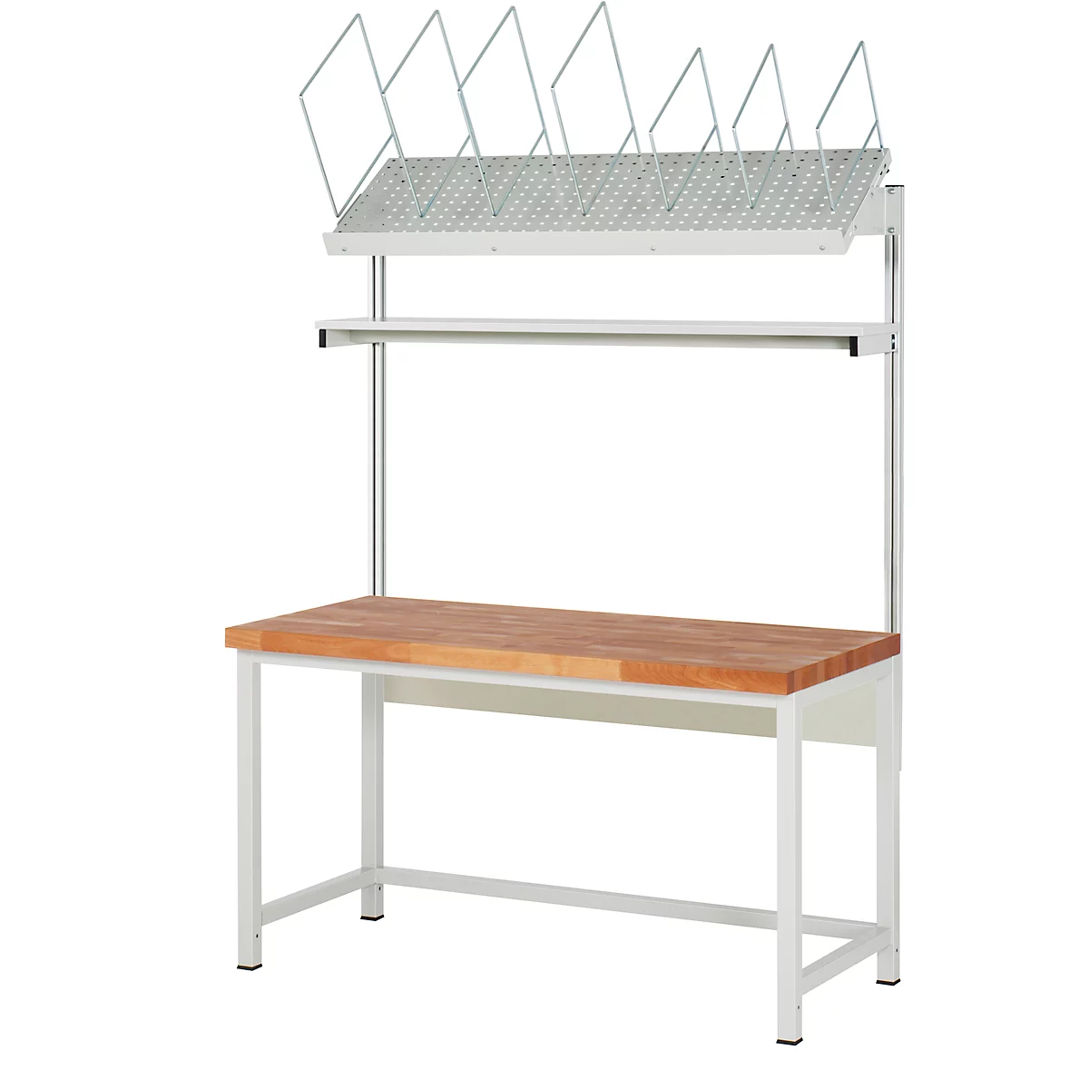 Werkbank mit Holzplatte und weißem Metallgestell, Regale, Vorrichtung zur Ablage von Dokumenten.