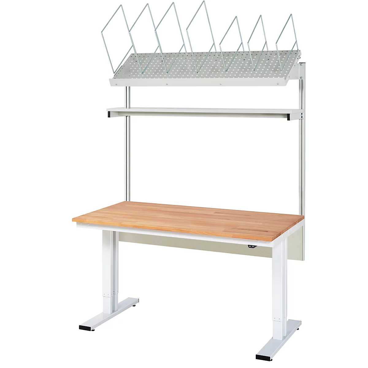 Ein weißer, höhenverstellbarer Schreibtisch mit Holzplatte, Regal und Dokumentenhalter.