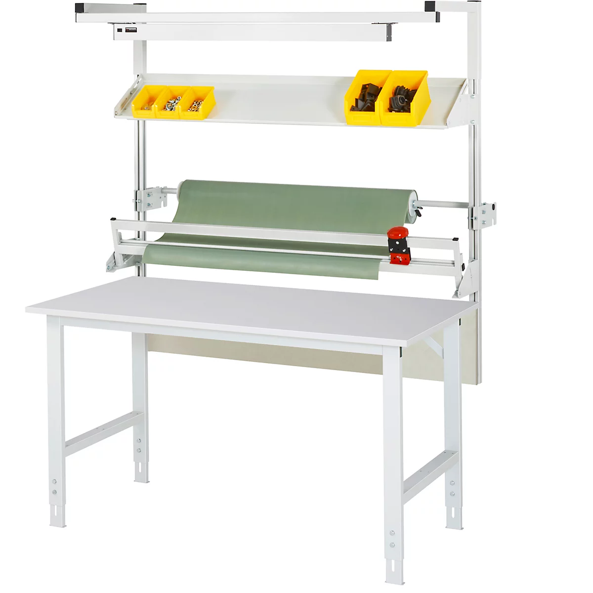 Weißer Werkbankarbeitsplatz mit Ablage, Rollenpapier und gelben Behältern.