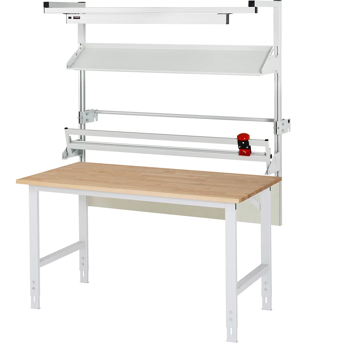 Weißer Werkzeugtisch mit heller Holzplatte und Aufsatz mit Regal und Werkzeugaufnahme.