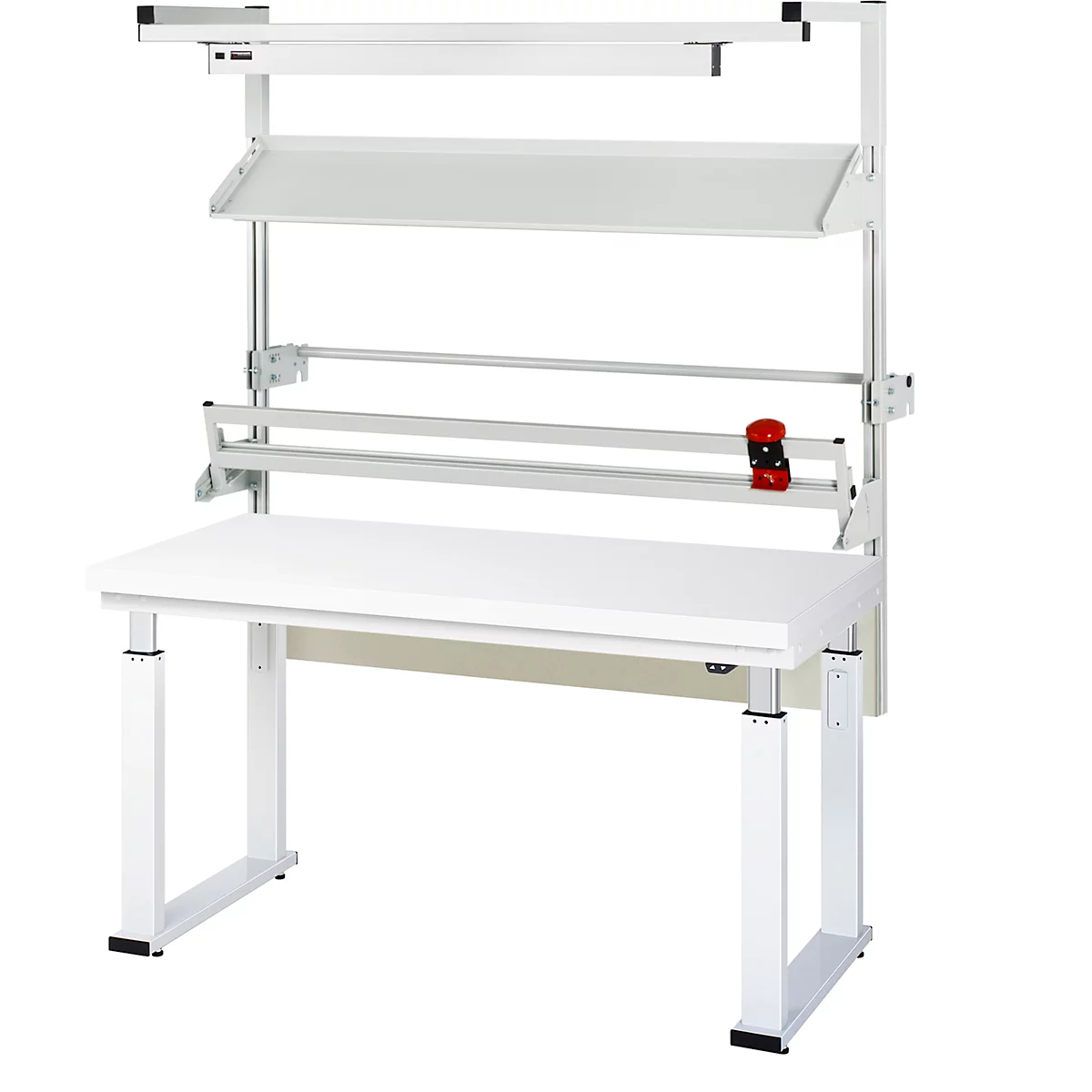 Weißer, höhenverstellbarer Arbeitstisch mit integriertem Regalsystem und Beleuchtung.