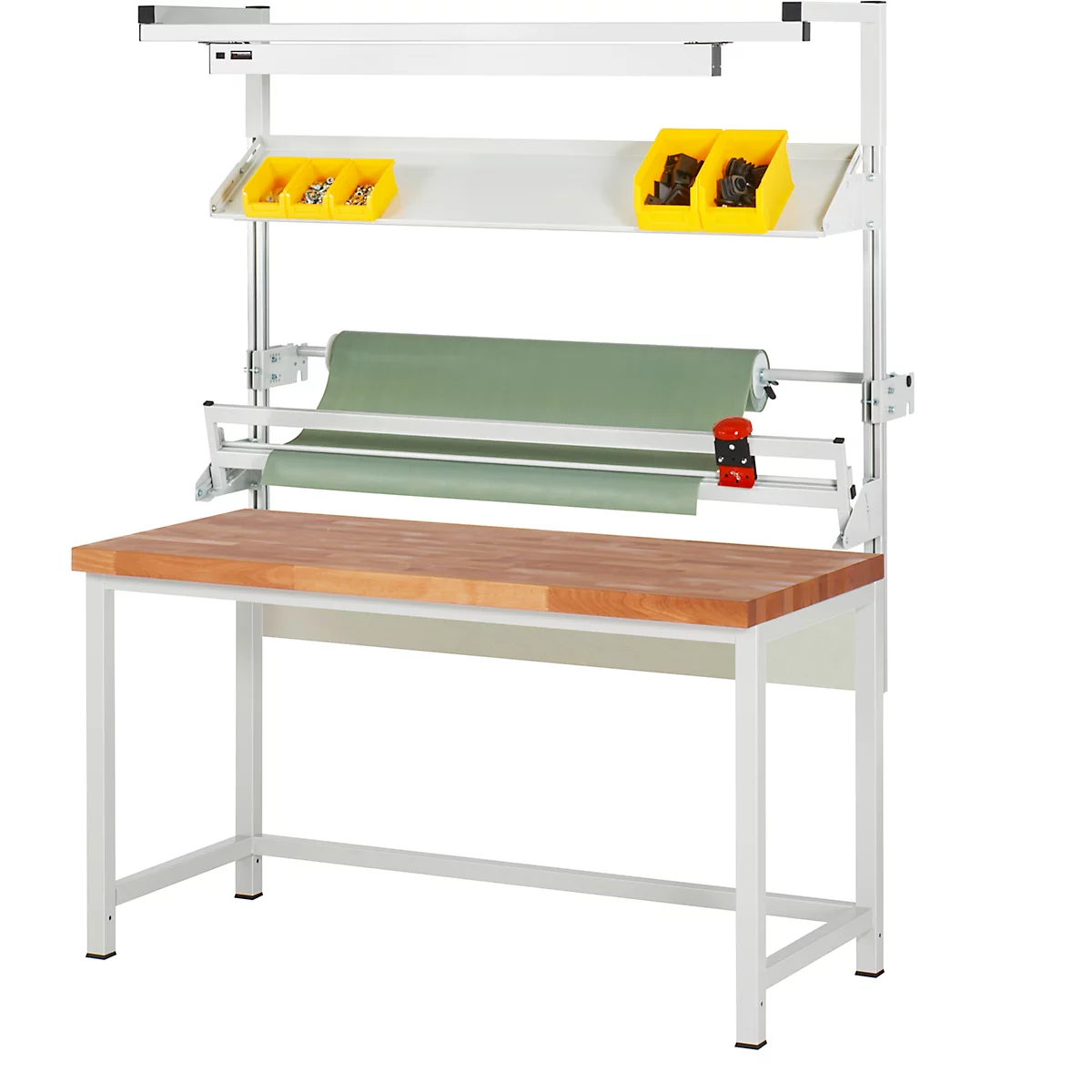 Werkbank mit Holzplatte, Ablagefächern, Rollenpapierhalter und Beleuchtung.