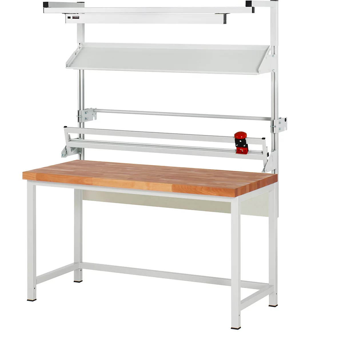 Werkbank mit hellem Holz, weißem Gestell und Halterung.