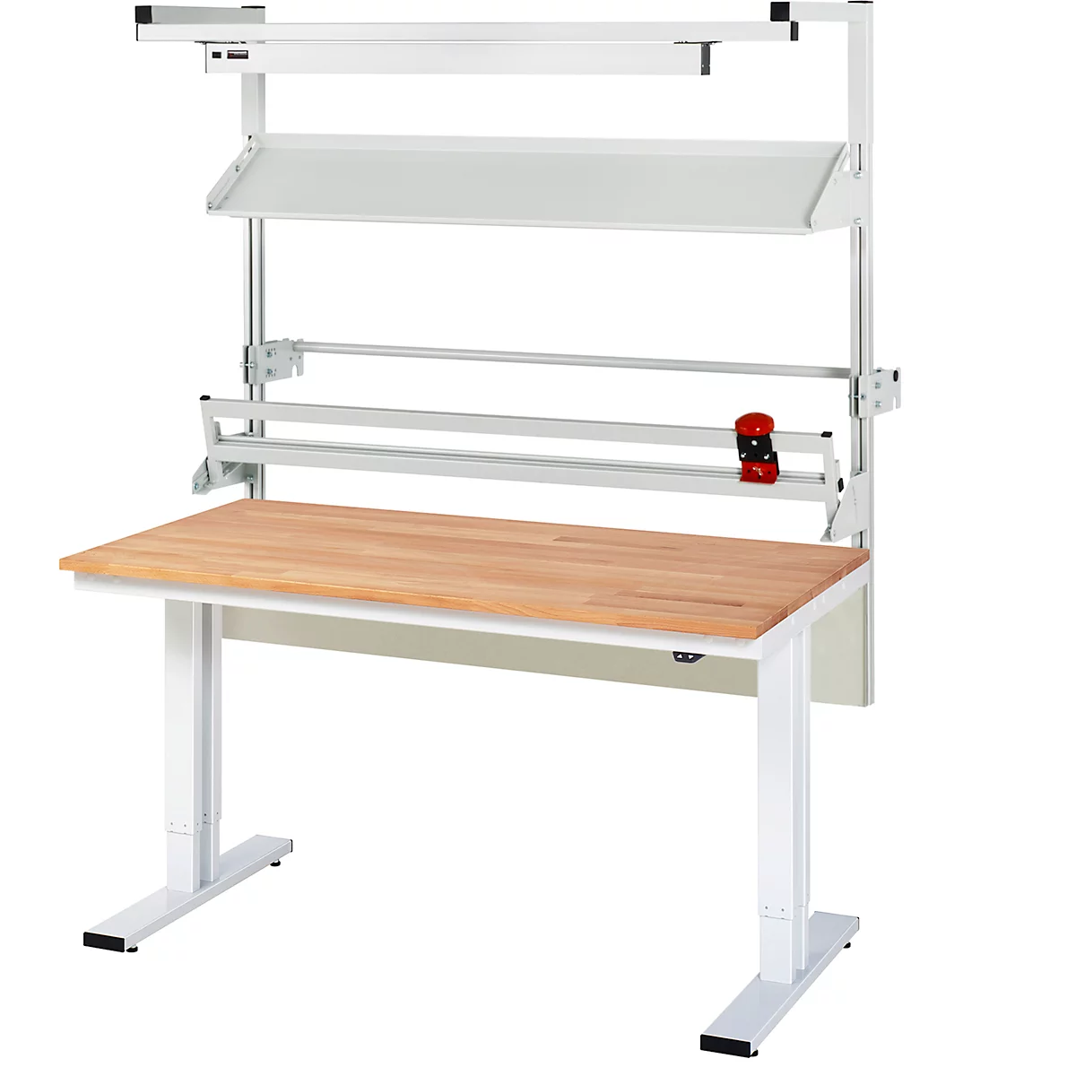 Steh-Sitz-Tisch mit Holzplatte. Darüber Regale, Beleuchtung und eine Papierrollenhalterung. Alles in Weiß und Silber.