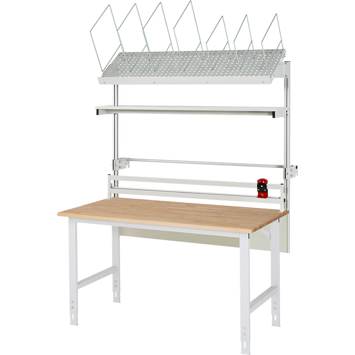 Werkbank mit Ablage und Papierrollenhalter. Holzplatte, weißes Gestell und Zubehör.