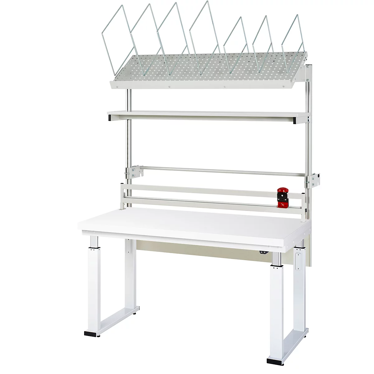 Weißer, höhenverstellbarer Arbeitstisch mit Regalsystem und Papierrollenhalter.