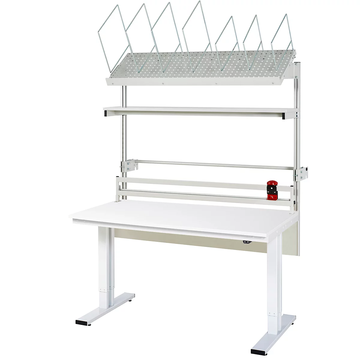 Weißer Stehtisch mit Aufbauten, Regalen und Halterungen. Oben: Drahtgitter, darunter Regalböden und Papierhalter.