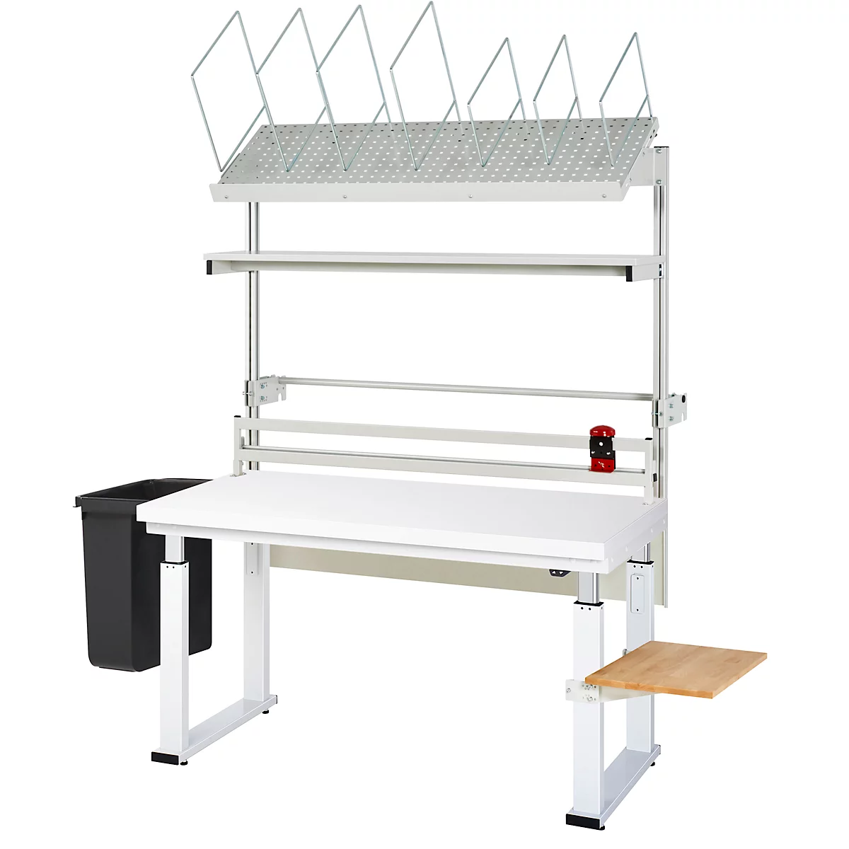 Weißer Packtisch mit grauer Struktur, Papierhalterung und Abfalleimer, mit Ablage und Schreibtisch.