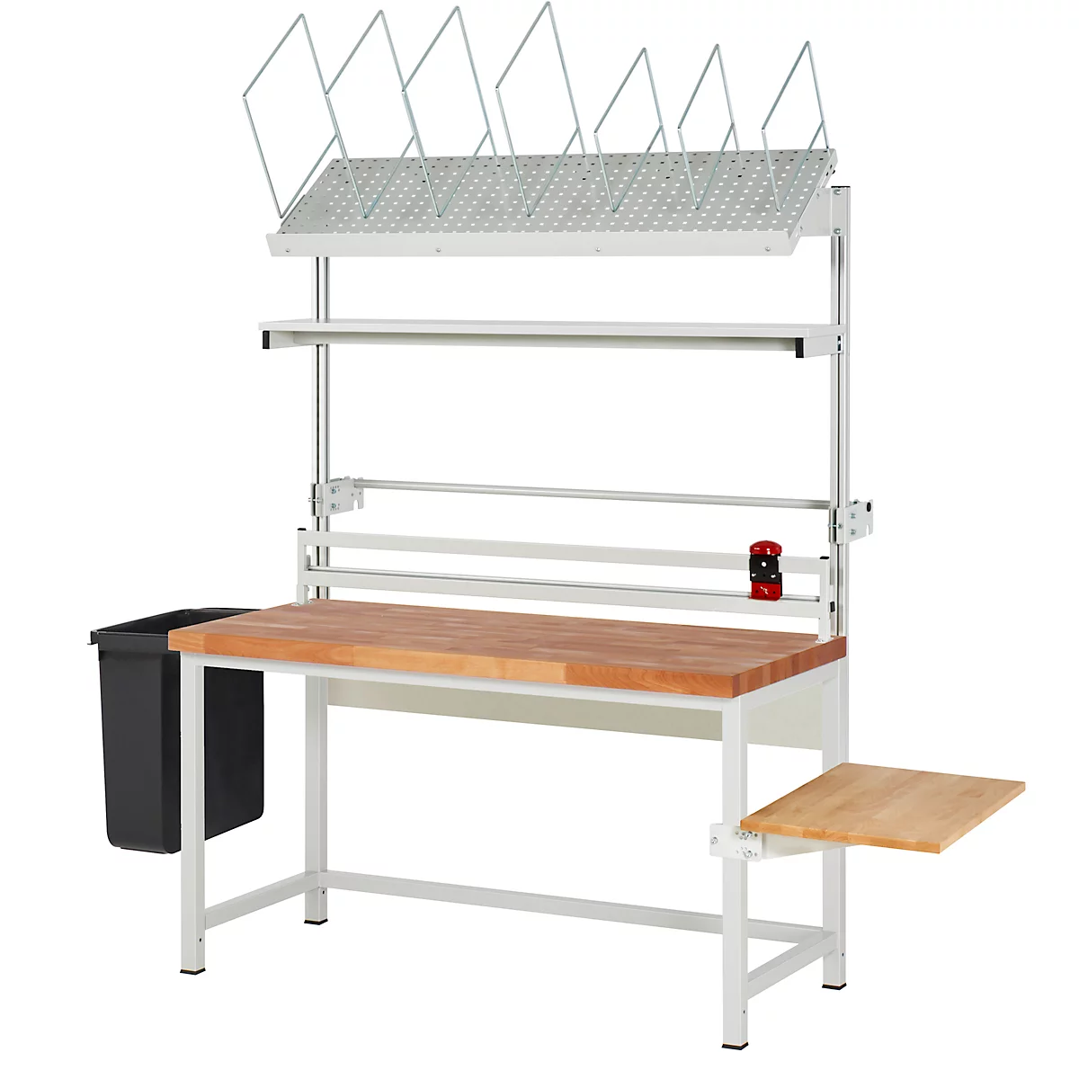 Werkbank mit Tisch, Regalen, Papierrollenhalter, Abfalleimer und ausklappbarer Ablage. Metallrahmen mit Holzplatte.
