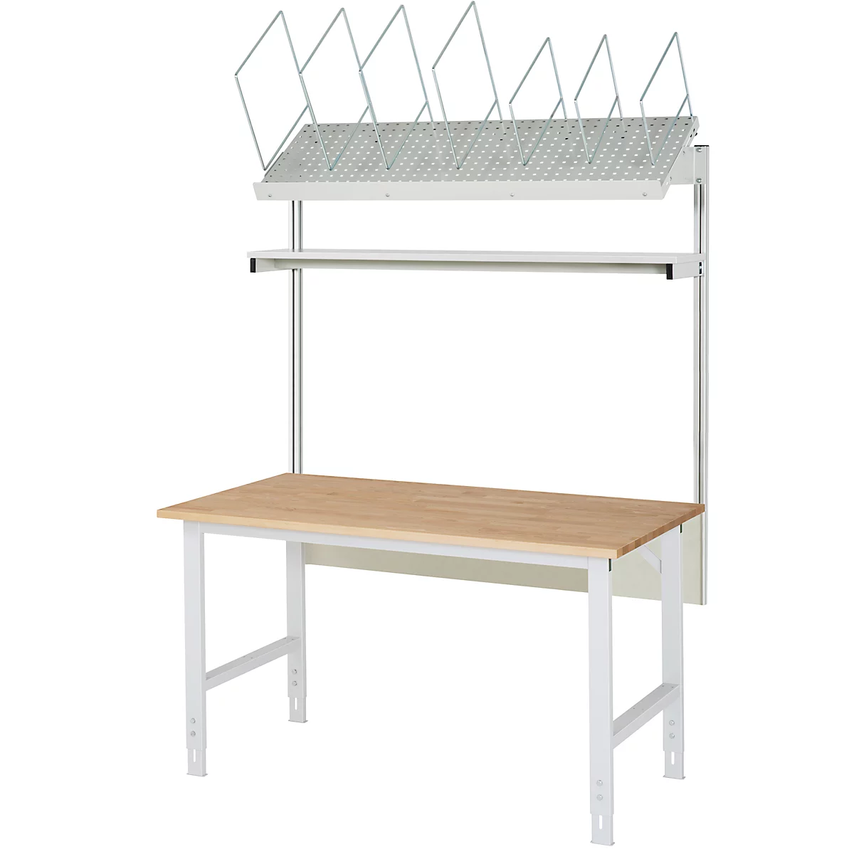 Werkbank mit weißem Gestell, brauner Tischplatte, Regal und Lochblech-Aufsatz.