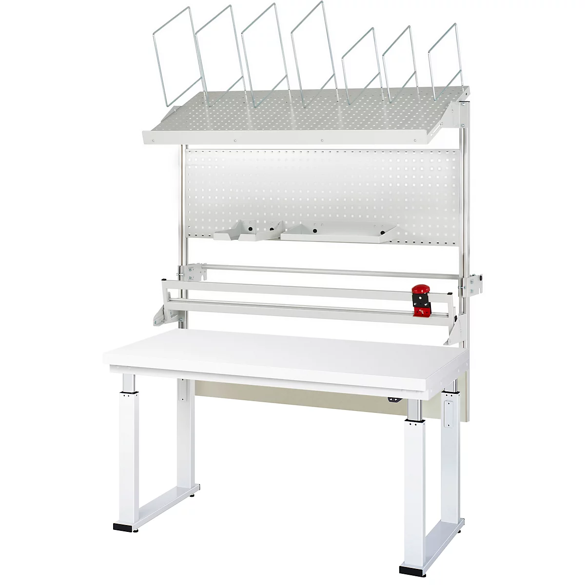 Weißer, höhenverstellbarer Arbeitstisch mit Aufbewahrungssystem, Lochwand und Dokumentenhaltern.